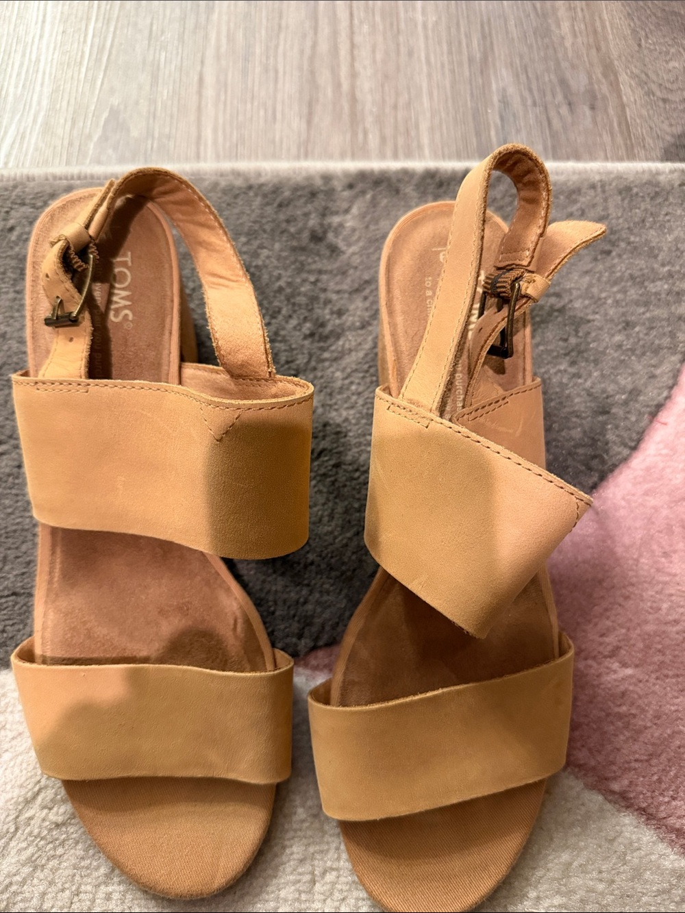 TOMS Tan Leather Wide-Strap Slingback Sandals